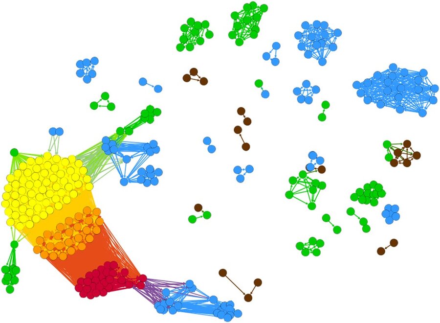 Network graph of many small clusters of nodes in green, blue and brown, plus one large yellow, orange and red cluster at the lower left.